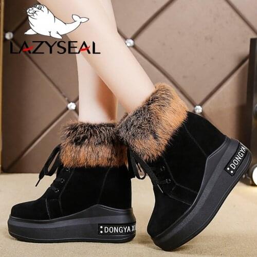 LazySeal New Platform Boots With Real Rabbit Fur Lace-up Winter Women Shoes Height Increasing 3 cm Plush Warm Woman Snow Boots
