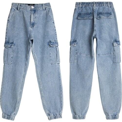 New womens high waist jeans harem pants loose wide leg trousers DSQBRAND elastic waist big pocket tooling jeans fashion luxury