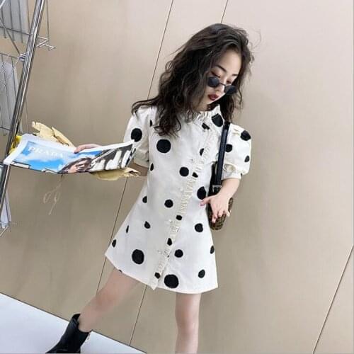 2021 Korean style girls ruffles dots dress fashion summer cotton girls dresses 5-10 years B15