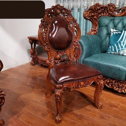 European-style Luxury Solid Wood Dining Chair American First Layer Leather Dining Chair Dark Dining Table and Chair Combination