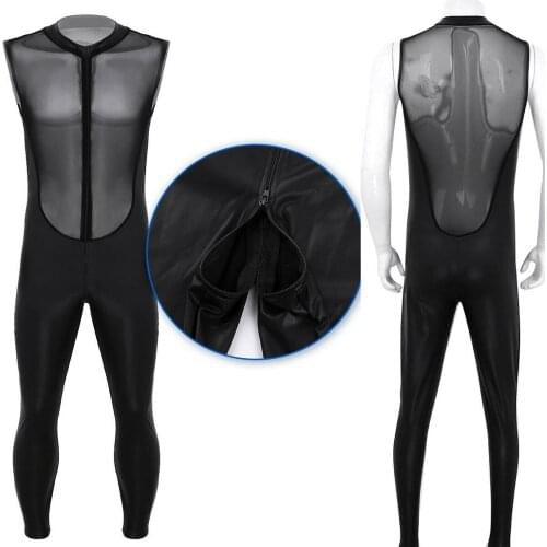 Sexy Men Gay Leather and Mesh Jumpsuit See Through Top Open Crotch Zipper Sleeveless Wet Look Bodysuit Fetish Lingerie