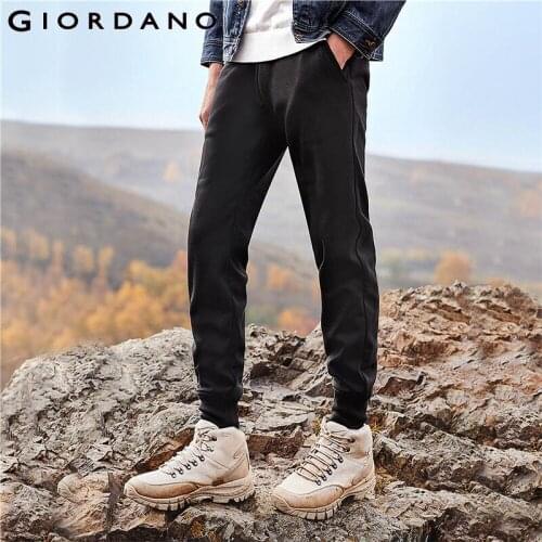 Giordano Men Pants Elastic Waistband Joggers Fleece Lined Slant Pockets Ribbed Cuffs Warm Pantalon Hombre 01110890