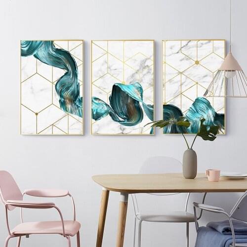 Nordic Geometric Wall Art Canvas Painting Abstract Blue Fabric Poster Print Modern Minimalist Picture for Living Room Home Decor