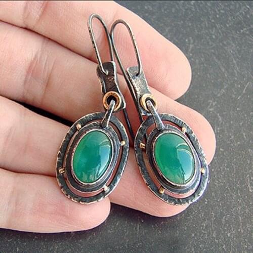 Vintage Ethnic Green Stone Drop Earrings for Women Oval Crystal Jewelry Gifts Bohemian Oorbellen Long Dangle Earrings