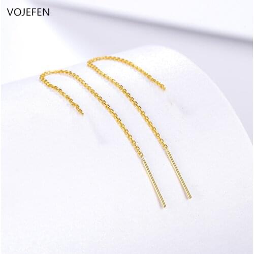 VOJEFEN 18k Yellow Gold Earrings for Women Dangle Earings Drop Thread Dangling Tassel Minimalism Long Chain Earring