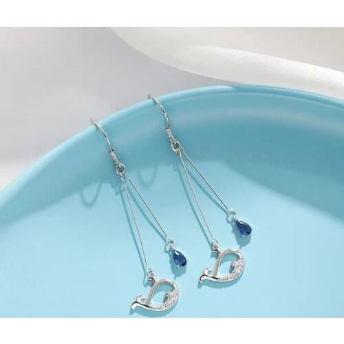 YOUNQ 925 Sterling Silver Zircon Small Whale Blue Water Drop Long Hook Shaped Dangle Earrings for Women Wedding Jewelry SBE006