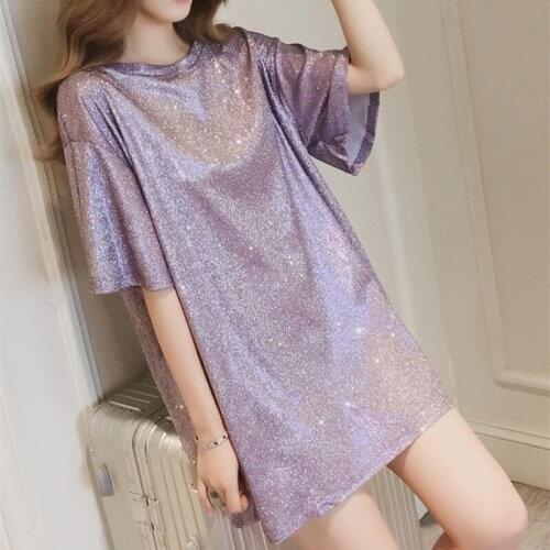 Women Fashion Long T-Shirt Summer Bright Silk Loose Round O Neck Half Sleeve Tee Tops Female Clothing tshirt