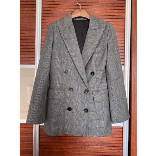 High-quality 2021 new women fashion long-sleeved lapel double-breasted plaid suit 0326
