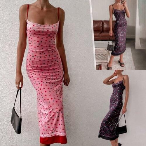 Womens Bodycon Midi Dress, Sleeveless Spaghetti Strap Floral Cherry Print Long Dress