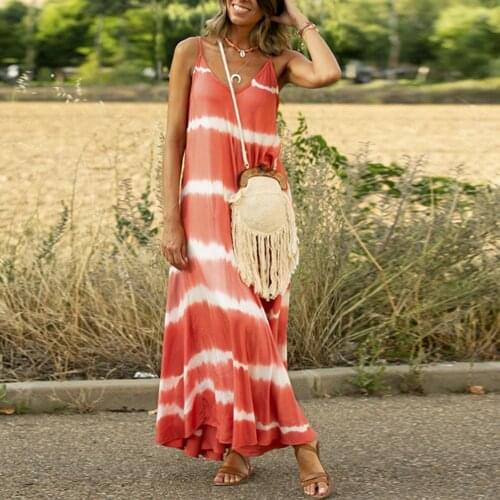 New Summer Woman L-5XL Stylish V Neck Dress Sleeveless Tie Dye Stripes Print Large Hem Long Sling Dresses for Party Beach Work