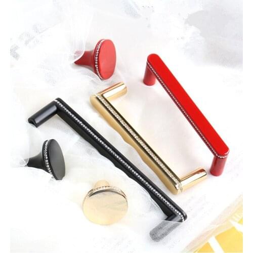 96 128 160 192mm Fashion luxury diamond furniture decoration handle gold black red kitchen cabinet wardrobe cupboard drawer knob
