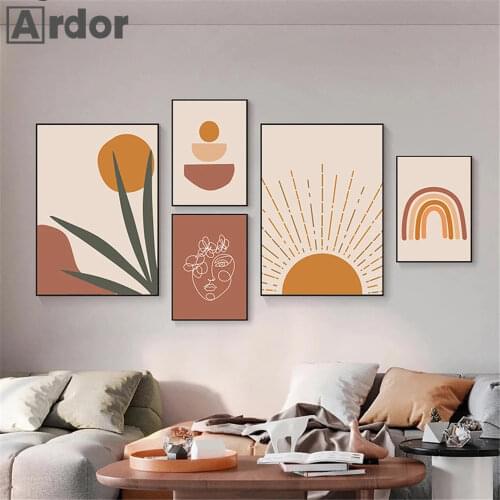 Abstract Rainbow Sun Leaf Landscape Canvas Painting Beige Geometry Poster Boho Art Prints Nordic Pictures Living Room Home Decor
