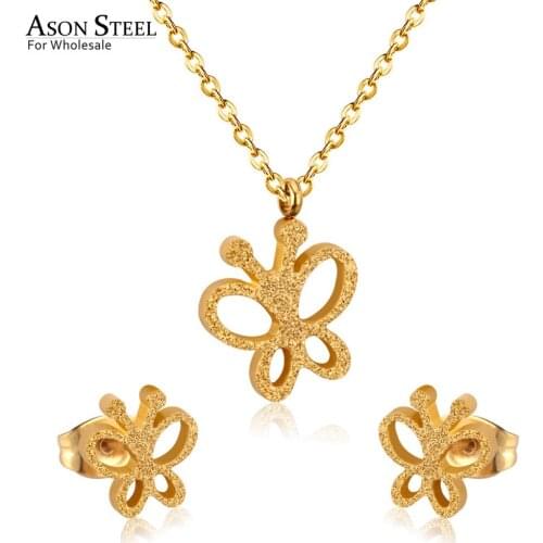 ASONSTEEL Charm Butterfly Pendant Necklace Earrings for Women Jewelry Sets Fashion Stainless Steel Gold/Silver Color Necklace