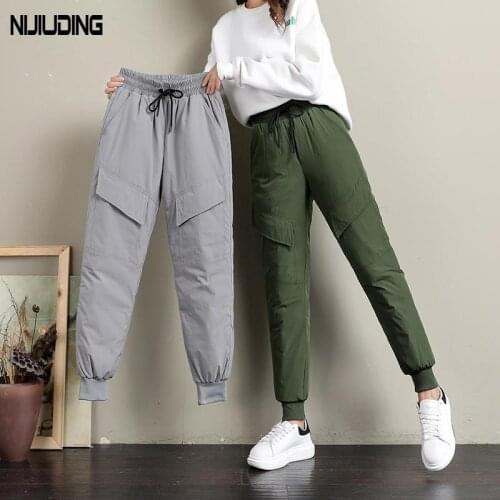 Winter Warm Thick Down Pants Casual Women High Waist Cargo Pants Outdoor Snow Wadded Trousers Female