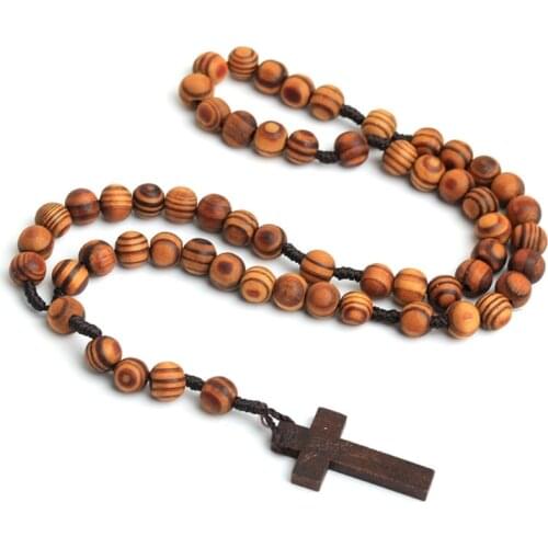 Wooden Grain Beads Jesus Cross Rosary Necklace Carved Rosary Pendant Christian