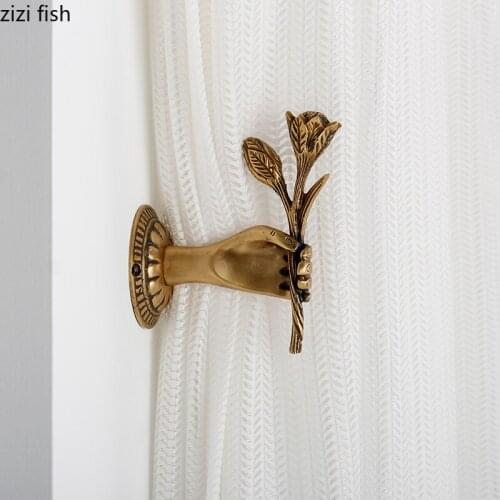 Holding Rose Copper Curtain Hooks Golden Brass Wall Hook Holder Coat Hook Towel Rack Curtain Tieback Home Room Accessories