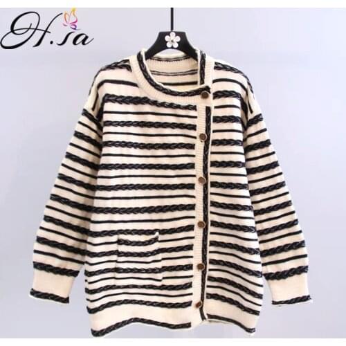 HSA Design sense small fragrance striped woven sweater cardigan 2021 autumn dress new loose lazy wind knitted jacket girl