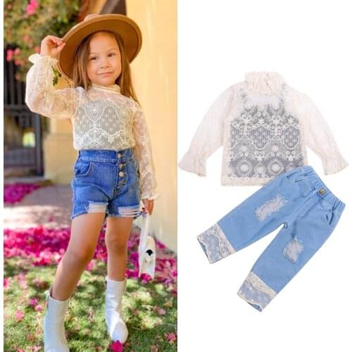 FOCUSNORM Princess 0-3Y Baby Girls Clothes Sets Black Camisole+Ruffles Turtleneck Pullover Lace Tops +Broken Holes Jeans