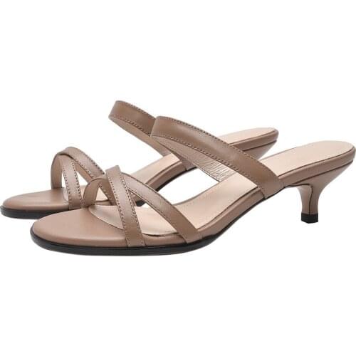 Summer Fashion Cross Strap Womens Slipper Single cat Heel Genuine Cow Leather Ladies Shoe