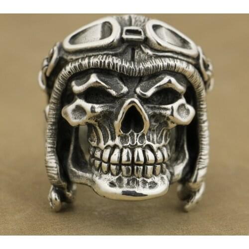 LINSION 925 Sterling Silver Huge Heavy Pilot Skull Helmet Mens Biker Punk Ring TA65 US Size 9~15