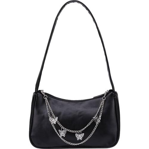 Fashion Women PU Leather Small Shoulder Bag Ladies Vintage Butterfly Chain Underarm Bag Pure Color Zipper Purse Shoulder Handbag