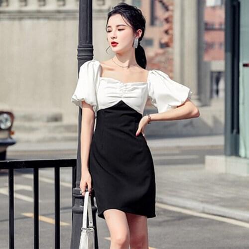 Fashion Vintage Lantern Sleeve Square Collar Mini Party Dress Ladies Elegant Casual Sexy Folds Black White Patchwork Short Dress