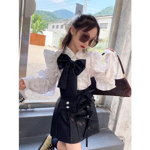 Baby Girl 2021 Autumn New Palace Style Fashion Design Shirt Girl Small Flying Sleeve Bow Personality Niche Top Kids Clothing
