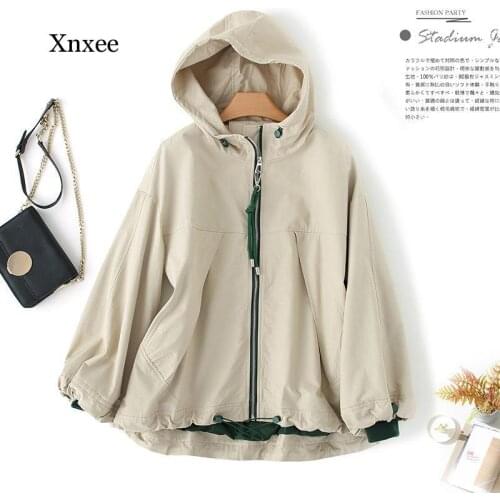 2021 Spring Autumn New Loose Hooded Drawstring Bf Patchwork Plus Size Thin Windbreaker Fashion Slim Casual Jacket Women Clothing