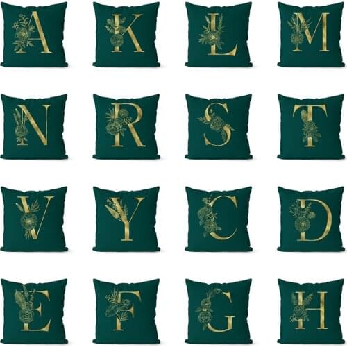 NEW Gold English Alphabet Green Pillow Cover Floral Print Creative Sofa Cushion Case Livingroom Bedroom Decorative Throw Pillows