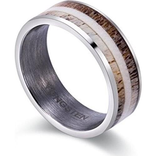 New Arrival Two Tones Natural Antler Inlay Tungsten Carbide Wedding Rings for Man Woman Brushed Finished Inside Comfort Fit