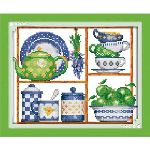 Tableware (3) cross stitch kit aida teapot fruit 18ct 14ct 11ct cloth counted printed canvas set stitches embroidery handmade