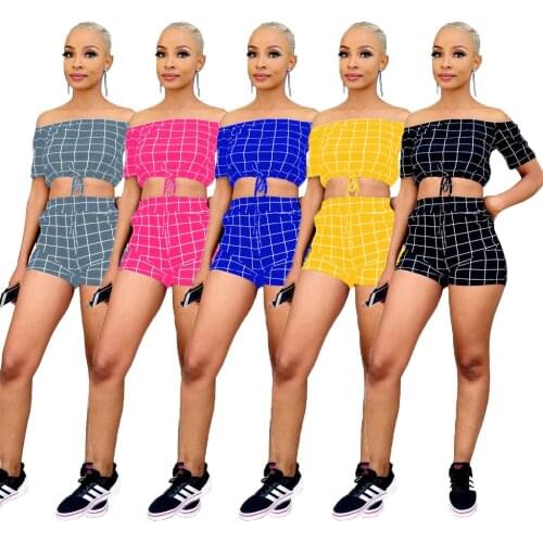 Casual Plaid Two Piece Set Slash Neck Crop Top + Short Pants Sportsuit Shorts Sets Summer Clothes For Women Outfit
