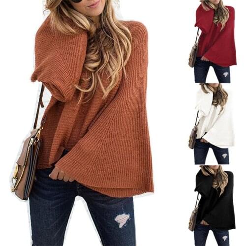 2021 New Fashion Harajuku Solid Color Round Neck Flared Sleeves Pullover Loose Autumn Knit Sweater Loose Temperament OL Sweater