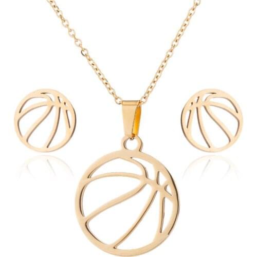 AsJerlya Men And Women Sports Series Stainless Steel Volleyball Clavicle Chain Stud Earrings Simple Pendant Necklace Earrings