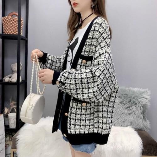 Elegant Korean Pocket Loose Casual Sweaters V Neck Long Sleeve Button Oversize Cardigan Women Plaid Autumn Winter Knitt Cardigan