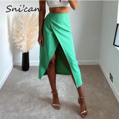 Split High Waist Dress Summer Vintage Asymmetrical Haut Za Women 2021 Jupe Longue Vintage Greenn Slit Faldas Femme Bottom Midi