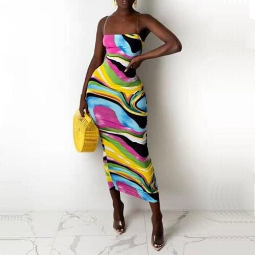 Womens Summer New Mid Length Dress Fashion Sleeveless Strap Printed Dresses Casual Slim Bodycon Dress