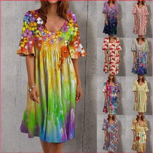 Elegant Ruffle Print Casual Beach Midi Dresses Women Summer V-neck Half Sleeve Empire Waist A-Line Dress Sundress Vestido Robes