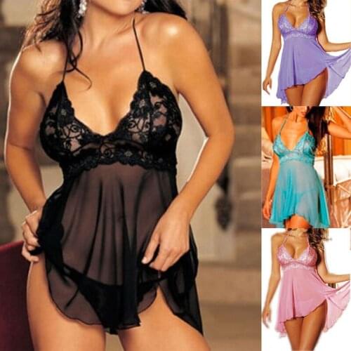 Women Sexy Lingerie Lace Dress G-string Underwear Nightwear Sleepwear Nighties Babydoll Nightdress 4 Colors Plus Size