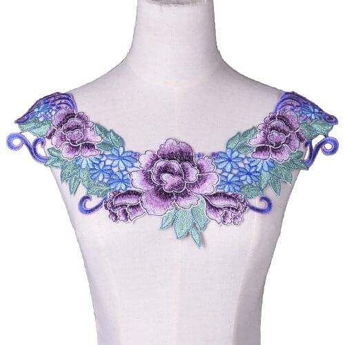 1 Pc Blue Embroidery Lace Neckline Collar 3D Flower Lace Applique Wedding Dress Decor Neckline Costume