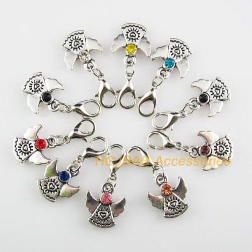 10 New Angel 13.5x15mm Charms Mixed Round Crystal Tibetan Silver Plated Retro With Lobster Claw Clasps