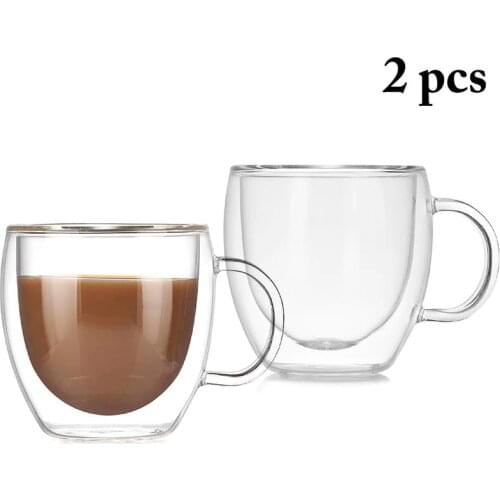2PCS Clear Double Wall Insulated Glass Coffee Tea Cups With Handle Glassware Milk Beer Soup Wine Cups