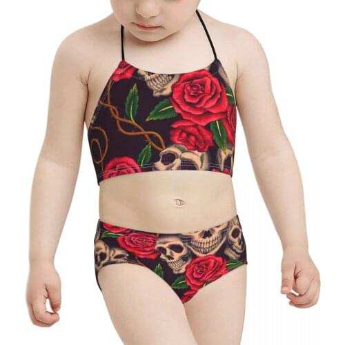 2021 Anime Aesthetics R374 Kids Girls Swimwear Children Print Rose And Skull Bikini Wholesale Brand Baby Girl Swimming Suit