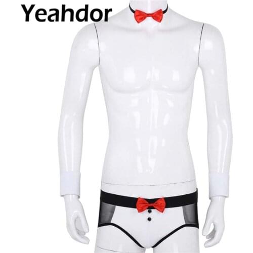3Pcs Mens Sissy Lingerie Set See Through Mesh Butt Splits Briefs Underwear with Bow Tie Cuffs Costume Outfit Gay Sexy Panties