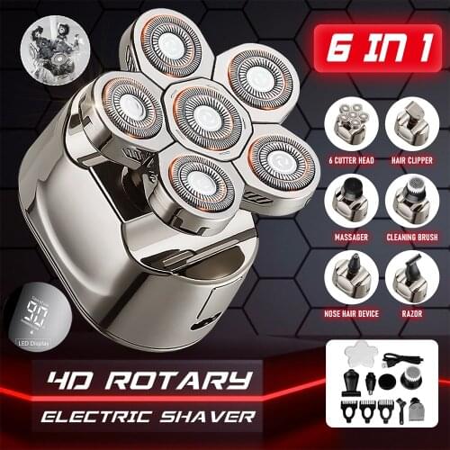 6 In 1 Wet Dry Electric Shaver for Mens Beard Hair Trimmer Electric Razor Rechargeable Bald Shaving Machine LCD Display Kits