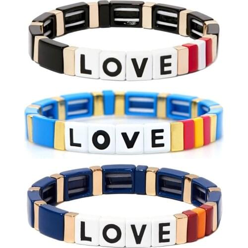 Ins LOVE Letter Bohemia Handmade Colorful Painted Metal Strand Bracelet Enamel Rainbow Beads Tile Bracelet for Women