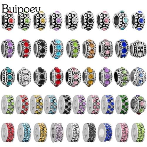 Buipoey 9 Color Rhinestone Round Big Hole Beads Beaded Silver Color Partition Beads Fit Diy Bracelets Jewelry Making Accessories
