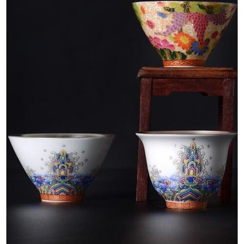 Chinese Style Enamel Color Tea Cup Gift Box Set Flower Pattern Floral Painting Handmade Water Cup White Porcelain