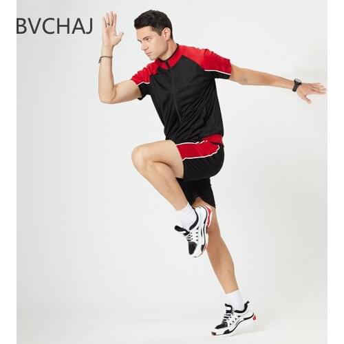 Summer Mens Leisure Sports Suit Jogging Short Sleeve Zipper T-Shirt + Waist Stretch Sports Shorts Speed Dry Track Tennis Suit