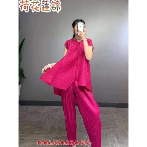 HOT SELLING Miyake Fashion waistcoat suit short sleeve v-neck irregular T-shirt +Straight pants solid two-piece set IN STOCK